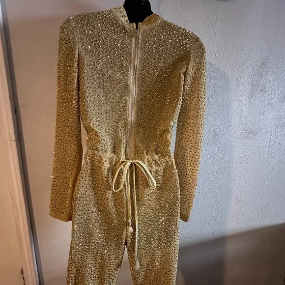 Dazzling Gold Sequin Jumpsuit - Show-Stopping 70s Disco Vibes - Picture 6 of 7